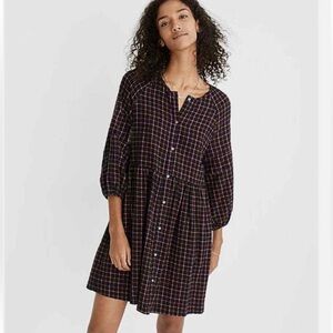Madewell Plaid Flannel Raglan Button-Front Shirtdress Mini Dress Black Pink